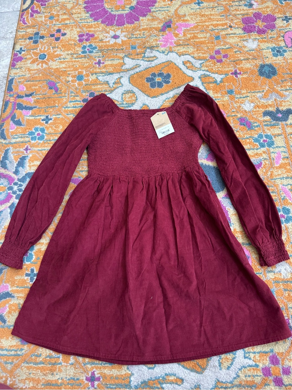 NWT Girls' Long Sleeve Burgundy Smocked Dress- M